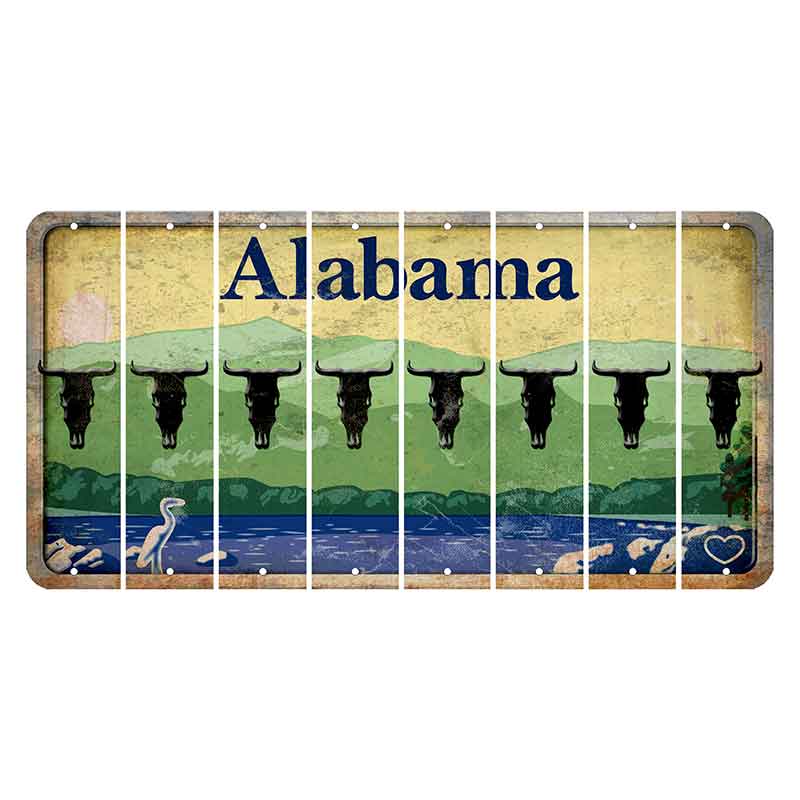 Alabama Lake and Forest Cut License Plate Strips (Set of 8) Cow Skull
