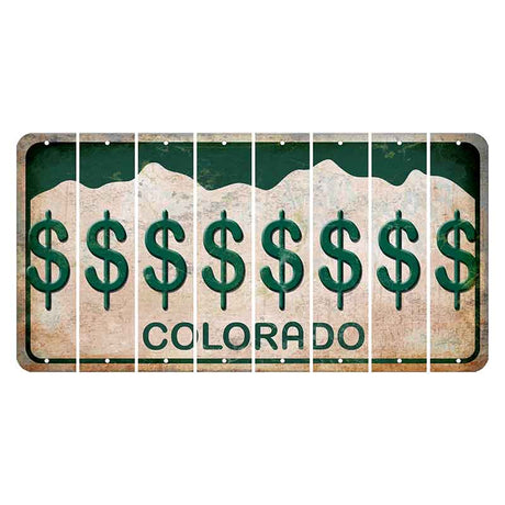 Colorado White|Green Mountains Cut License Plate Strips (Set of 8) Dollar Sign
