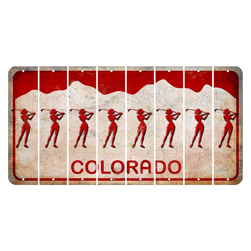 Colorado White|Red Mountains Cut License Plate Strips (Set of 8) Female Golfer