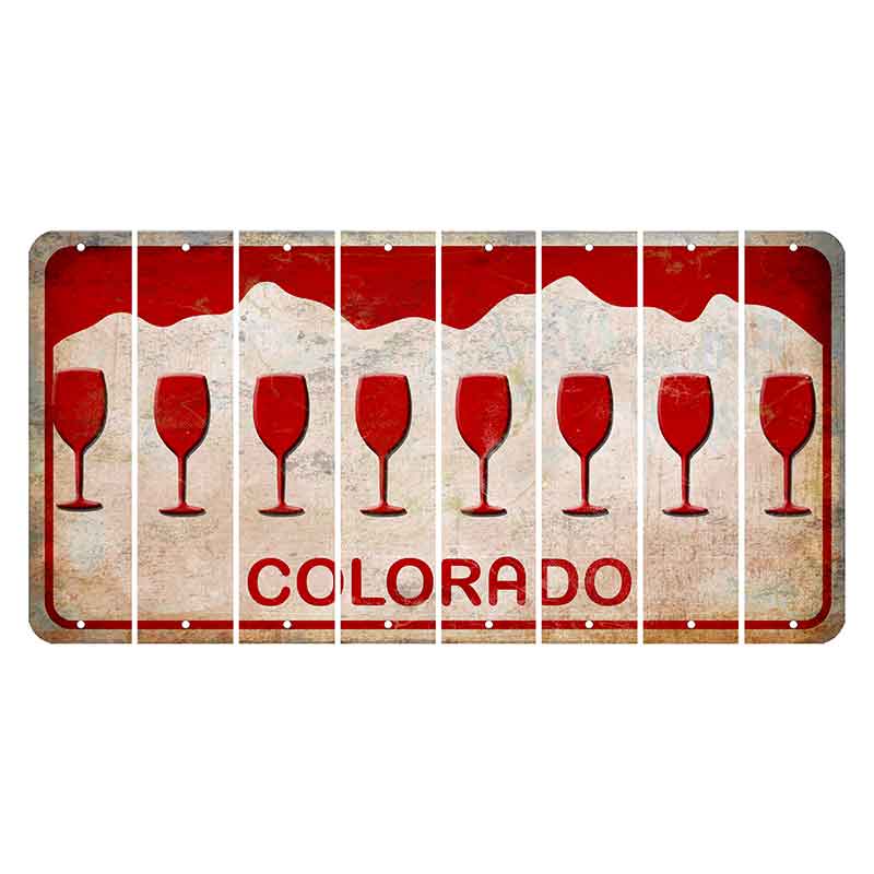 Colorado White|Red Mountains Cut License Plate Strips (Set of 8) Wine Glass