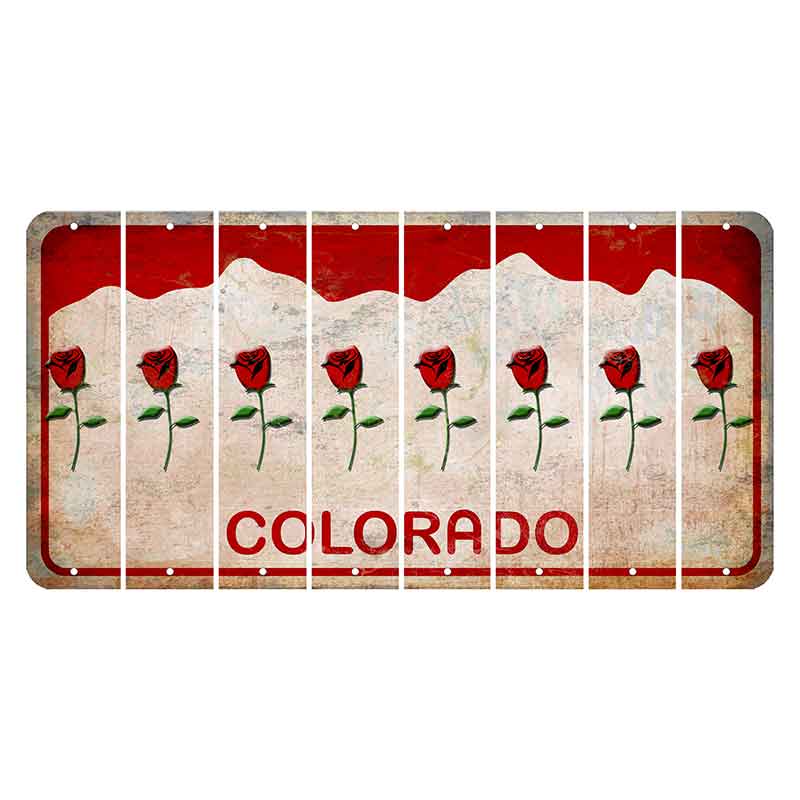 Colorado White|Red Mountains Cut License Plate Strips (Set of 8) Red Rose