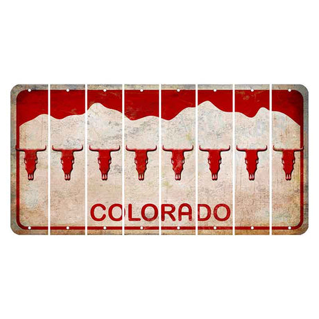 Colorado White|Red Mountains Cut License Plate Strips (Set of 8) Cow Skull
