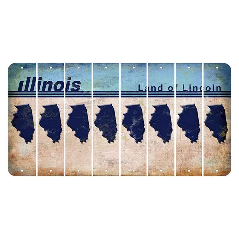 Illinois Light Blue Cut License Plate Strips (Set of 8) State Silhouette