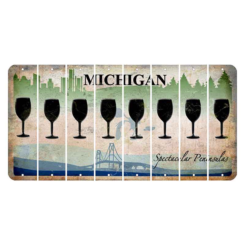 Michigan Spectacular Peninsulas Cut License Plate Strips (Set of 8) Wine Glass