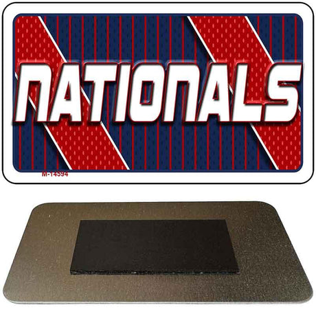 Metallic sign with 'NATIONALS' text on a red and blue background, with a black square insert.