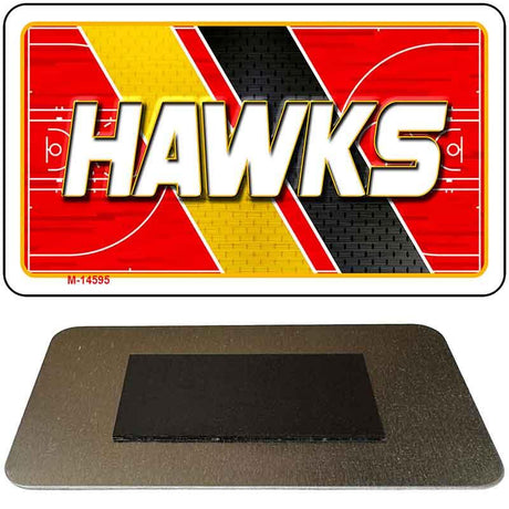 Metallic sign with 'HAWKS' text on a red and yellow background, with a black square below.