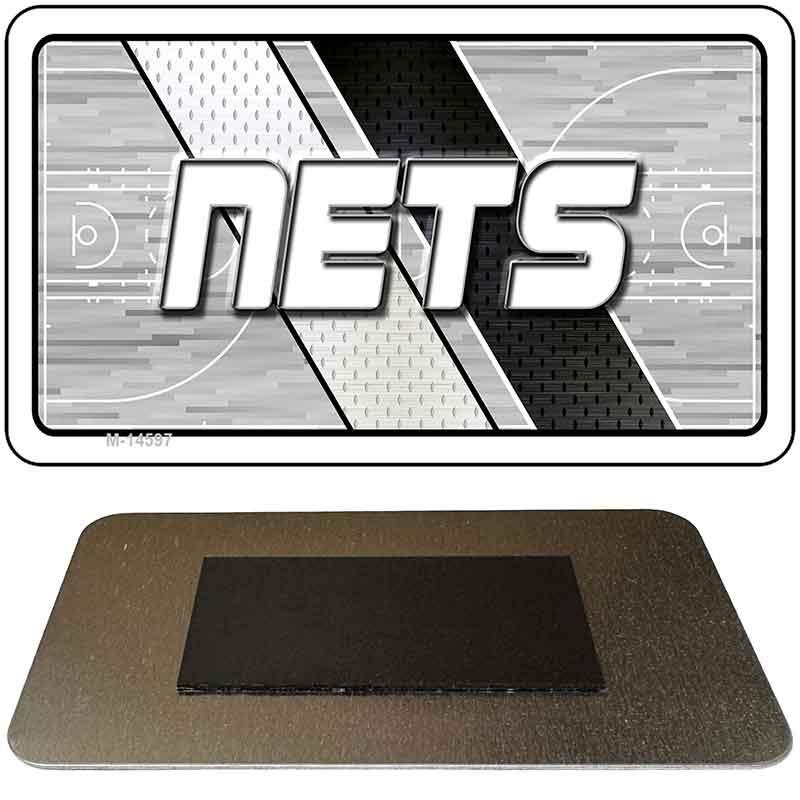 Metallic card with 'NETS' logo and basketball court design on a white background