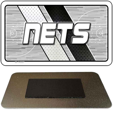 Metallic card with 'NETS' logo and basketball court design on a white background