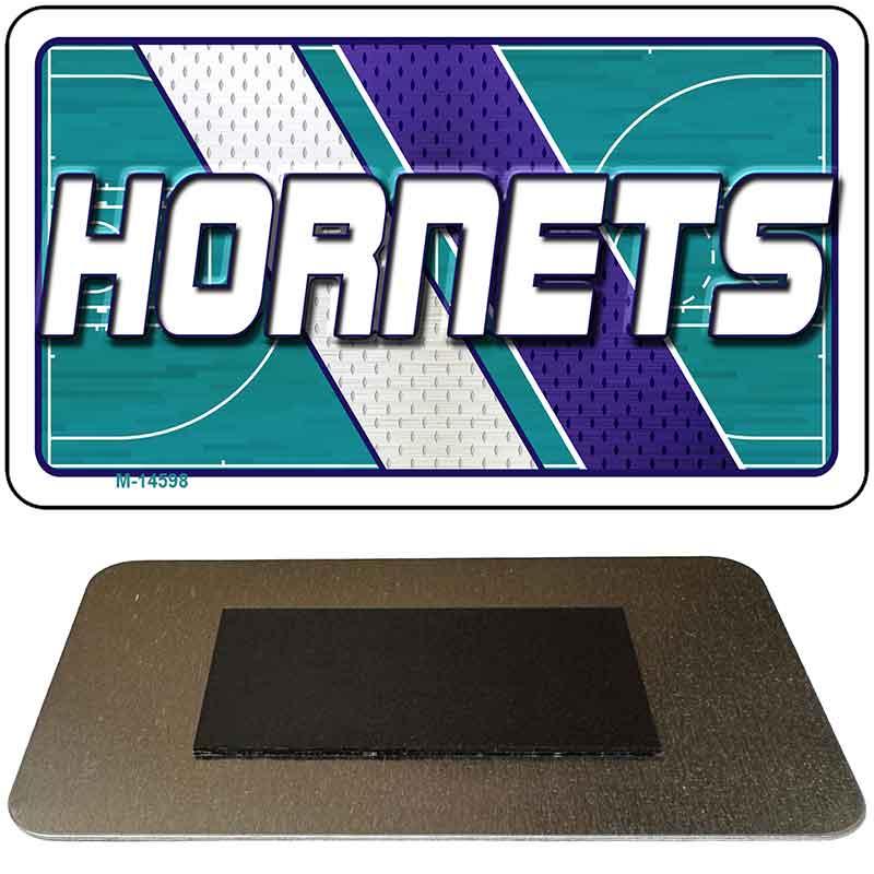 Hornets logo with a basketball court design on a white background
