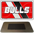Metallic 'BULLS' logo with red, white, and black design on a white background