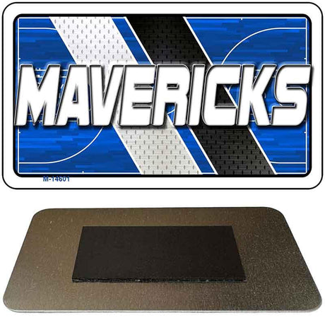 Metallic 'MAVERICKS' logo with blue and white background on a black stand.