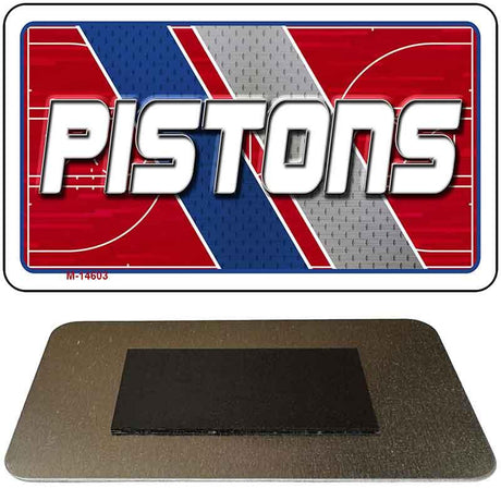 Metallic 'Pistons' logo with red, blue, and gray design on a white background.