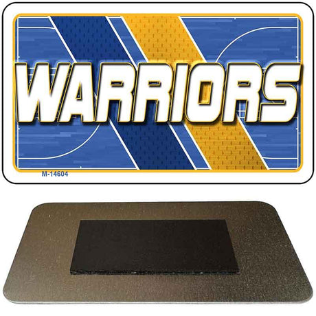 Metallic 'Warriors' logo with blue and yellow design on a white background