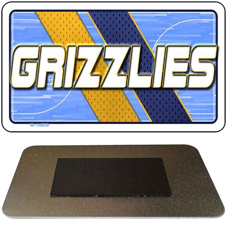 Metallic sign with 'GRIZZLIES' text on a blue and yellow background, with a black mat below.