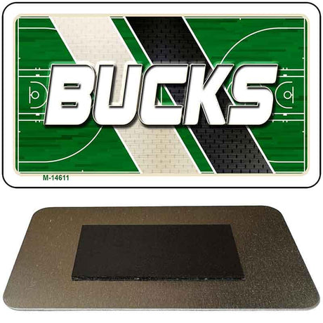 Metallic license plate with 'Bucks' text and basketball court design on a green background