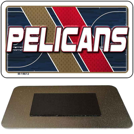 Metallic sign with 'Pelicans' text and sports theme design on a white background