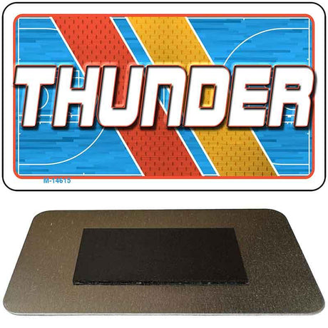Vintage-style 'THUNDER' logo with a colorful background and a black rectangular object below.