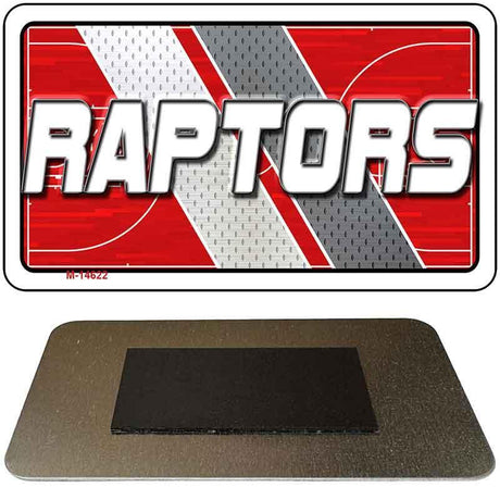 Metallic 'RAPTORS' sign with red and gray design on a white background