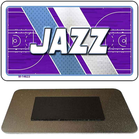 Metallic card with 'JAZZ' text and basketball court design on a purple and blue background