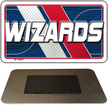 Metallic sign with 'Wizards' text on a red, white, and blue background