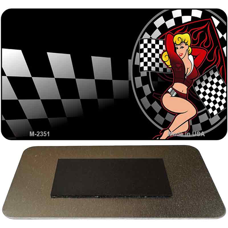 Pinup Girl Checkered Flags Novelty Metal Magnet M-2351