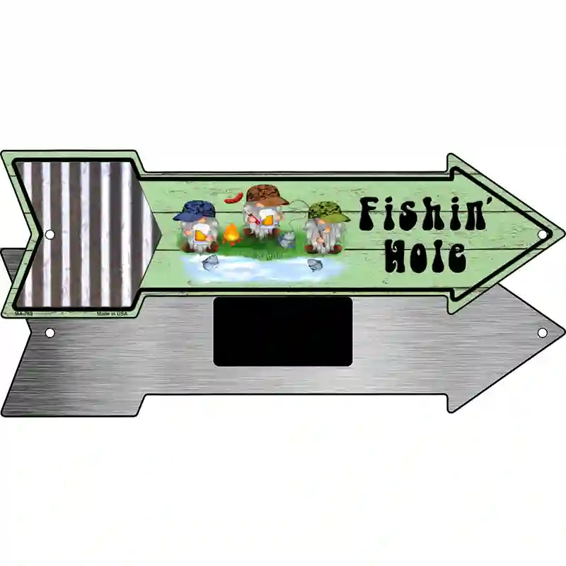 Fishing Hole Three Gnomes Novelty Metal Arrow Sign 8" x 2.25" (MA)