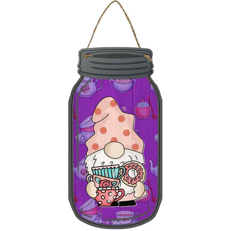 Gnome With Cups and Donut Novelty Metal Mason Jar Sign
