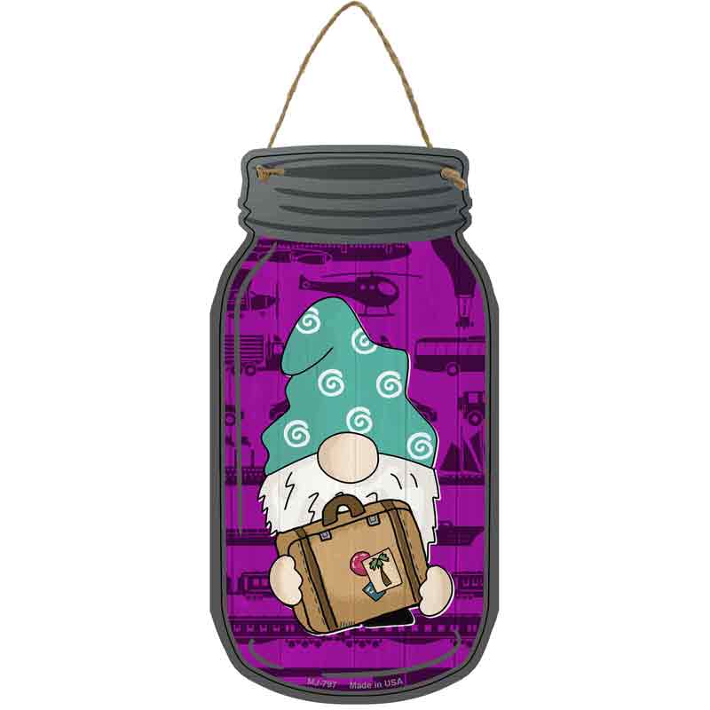 Gnome With Suitcase Purple Novelty Metal Mason Jar Sign