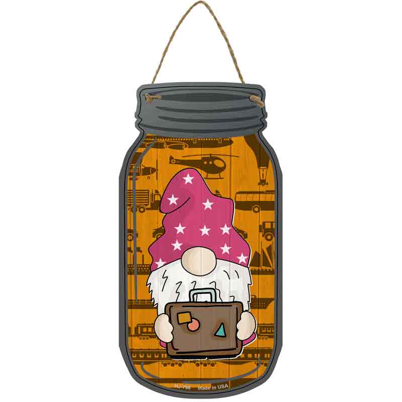 Gnome With Suitcase Orange Novelty Metal Mason Jar Sign