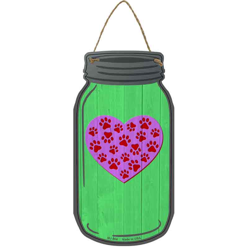Heart With Paw Print Green Novelty Metal Mason Jar Sign 4" x 8" Sign (MJ)