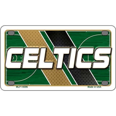 Metallic license plate with Celtics logo and basketball court design