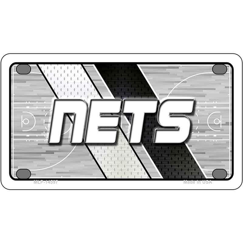 Metallic license plate with 'NETS' text on a sports-themed background