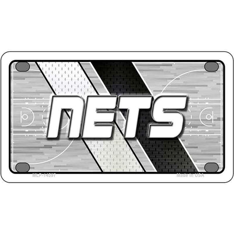 Metallic license plate with 'NETS' text on a sports-themed background