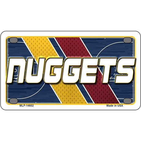 Metallic license plate with 'NUGGETS' text and basketball court design on a white background