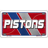 Metallic license plate with 'Pistons' text on a red, blue, and gray background