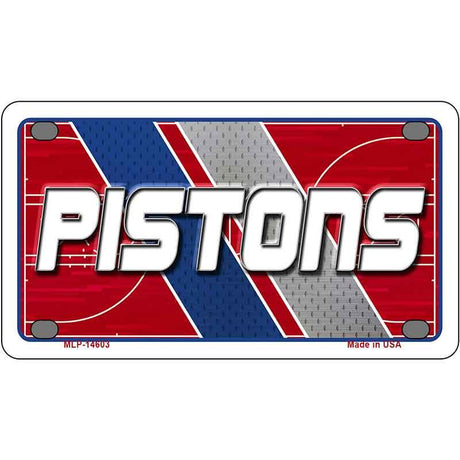 Metallic license plate with 'Pistons' text on a red, blue, and gray background