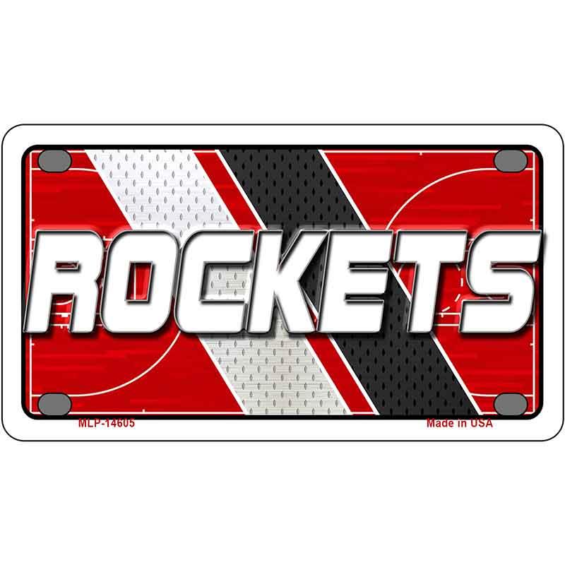 Metallic license plate with 'ROCKETS' text on a red, white, and black background