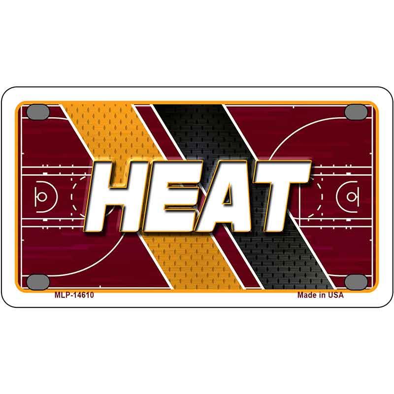 Metallic license plate with 'HEAT' text and basketball court design on a white background