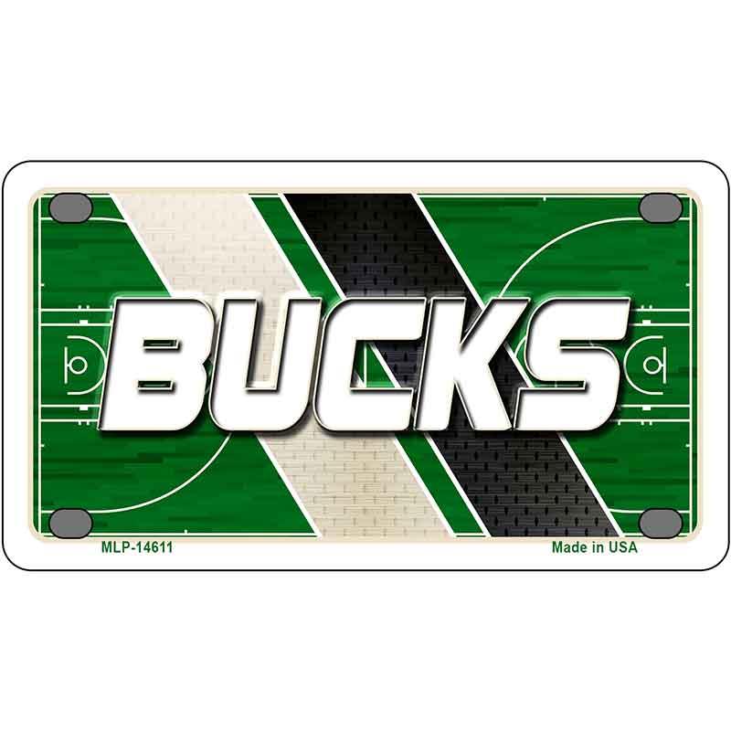 Metallic license plate with 'Bucks' text on a basketball court design