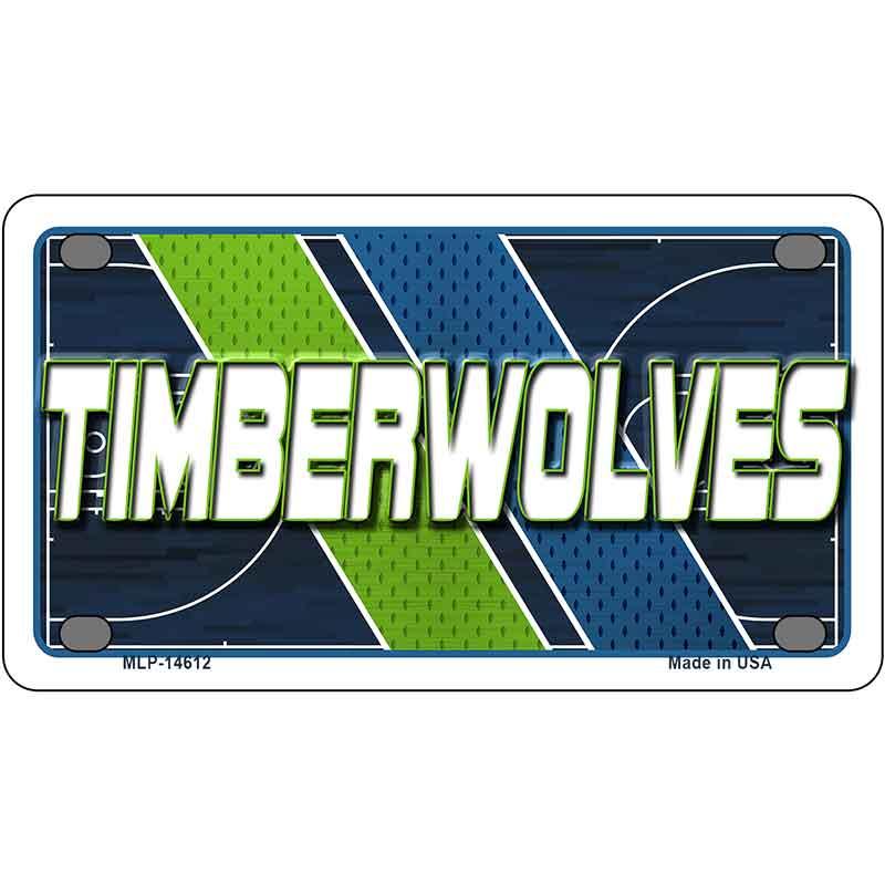 Metallic license plate with 'TIMBERWOLVES' text and sports theme design.