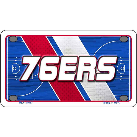 Metallic license plate with '76ERS' text on a basketball court design