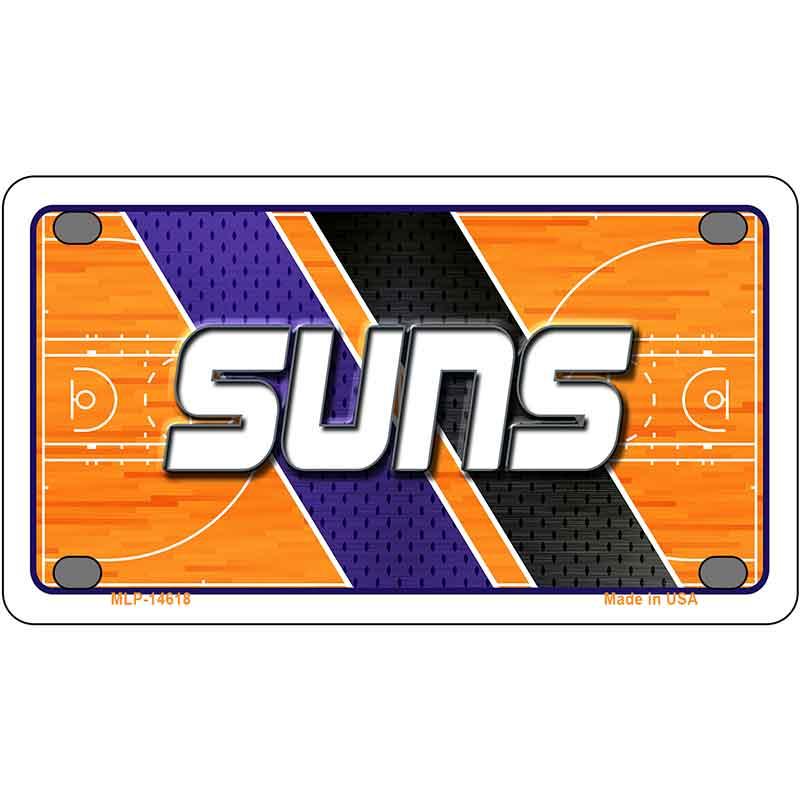 Metallic license plate with 'Suns' branding and basketball court design