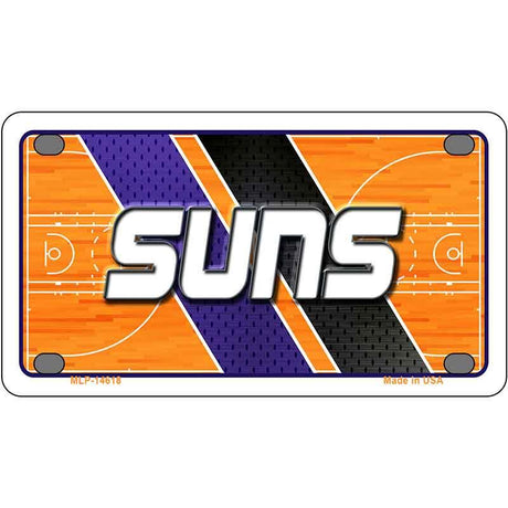 Metallic license plate with 'Suns' branding and basketball court design