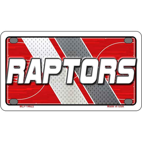 Metallic license plate with 'RAPTORS' text on a red and gray background