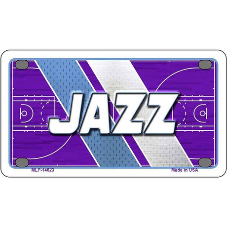 Metallic license plate with 'Jazz' text and basketball court design on a white background