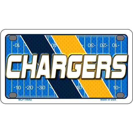 Metallic license plate with 'Chargers' text on a football field design
