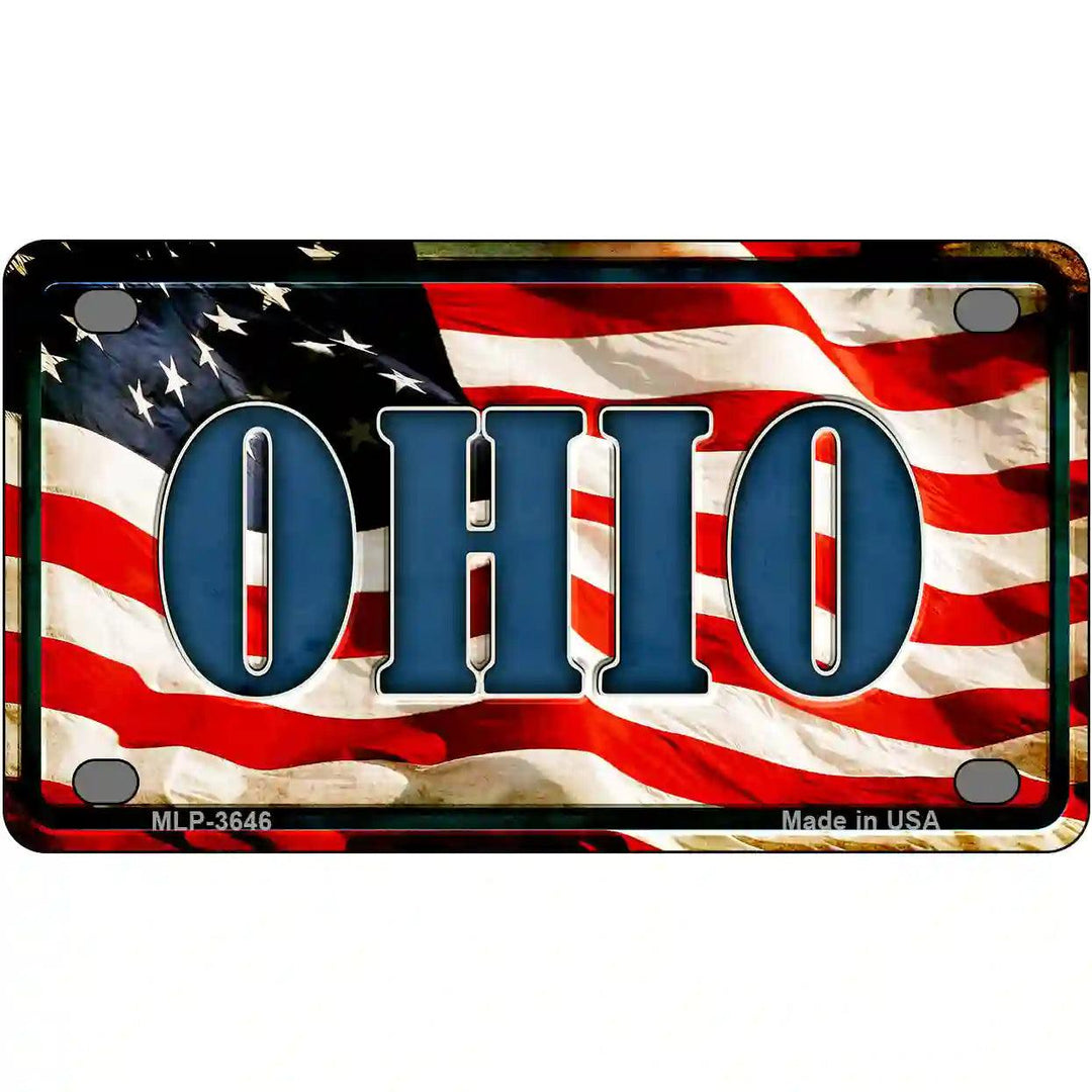 Ohio on American Flag Metal Novelty License Plate 4" x 2.2" (MLP)