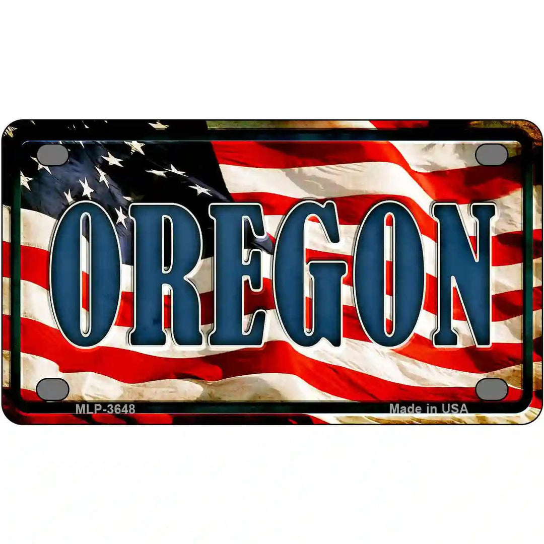 Oregon on American Flag Metal Novelty License Plate 4" x 2.2" (MLP)