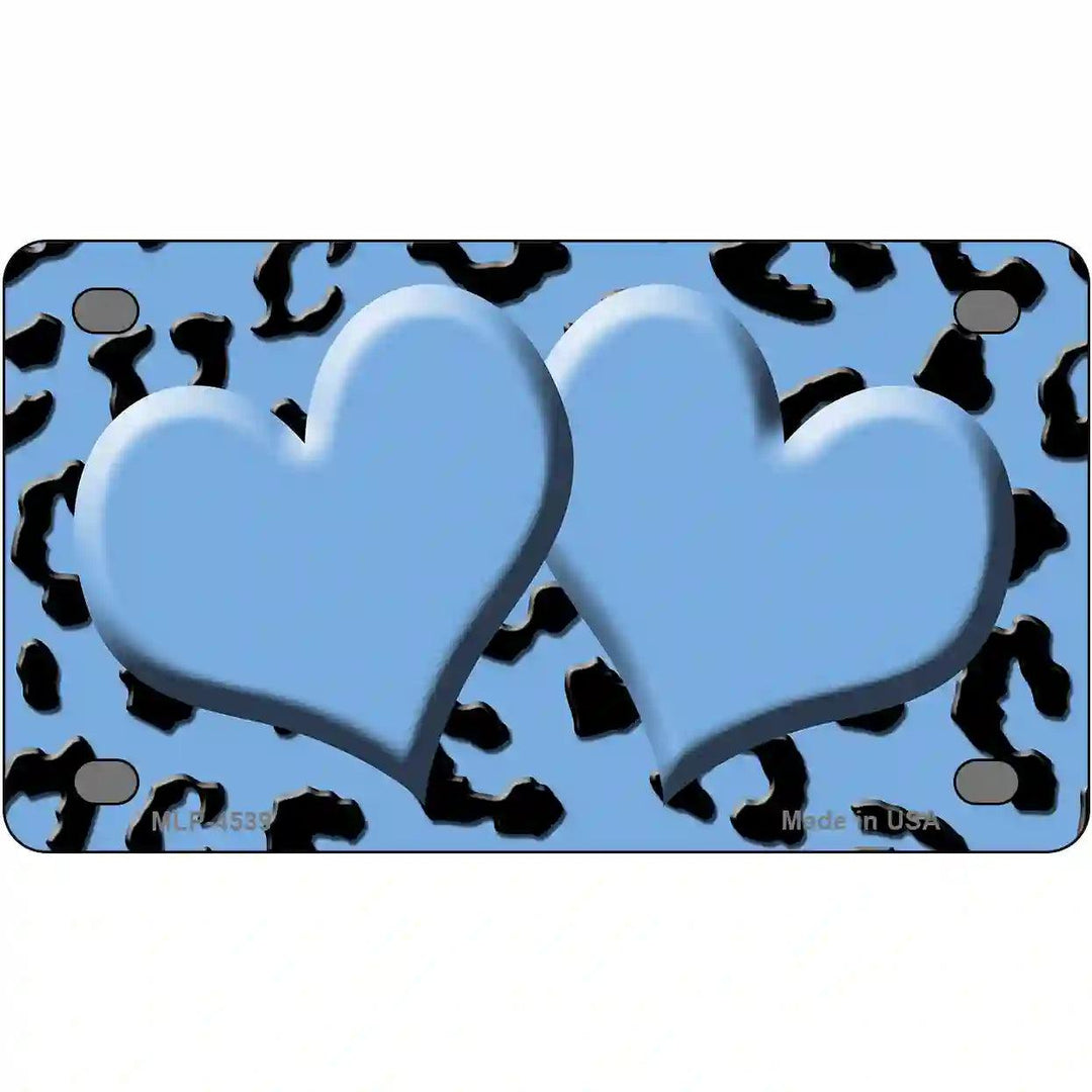 Light Blue Black Cheetah Light Blue Center Hearts Metal Novelty License Plate 4" x 2.2" (MLP)