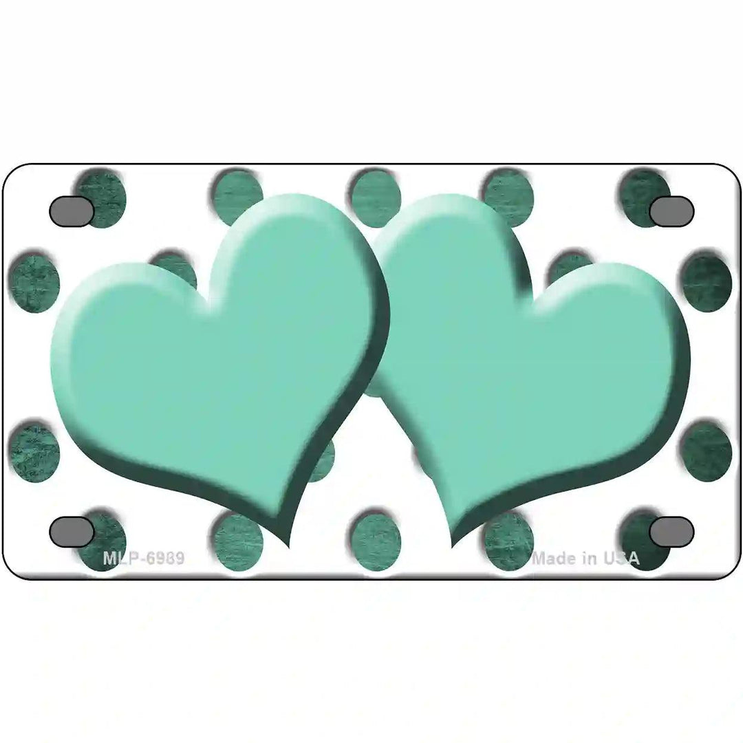 Mint White Dots Hearts Oil Rubbed Metal Novelty License Plate 4" x 2.2" (MLP)